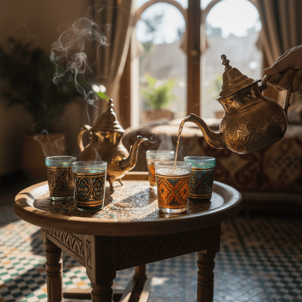 Traditional Moroccan tea service with ornate brass teapots and ceramic glasses