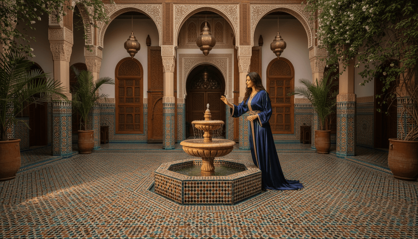 Moroccan luxury riad courtyard with zellige tilework and fountain