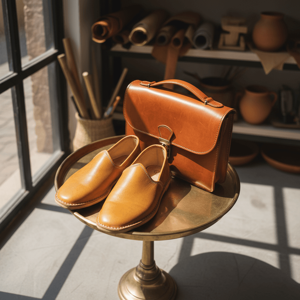 Artisanal Moroccan leather goods including babouches and stitched satchel