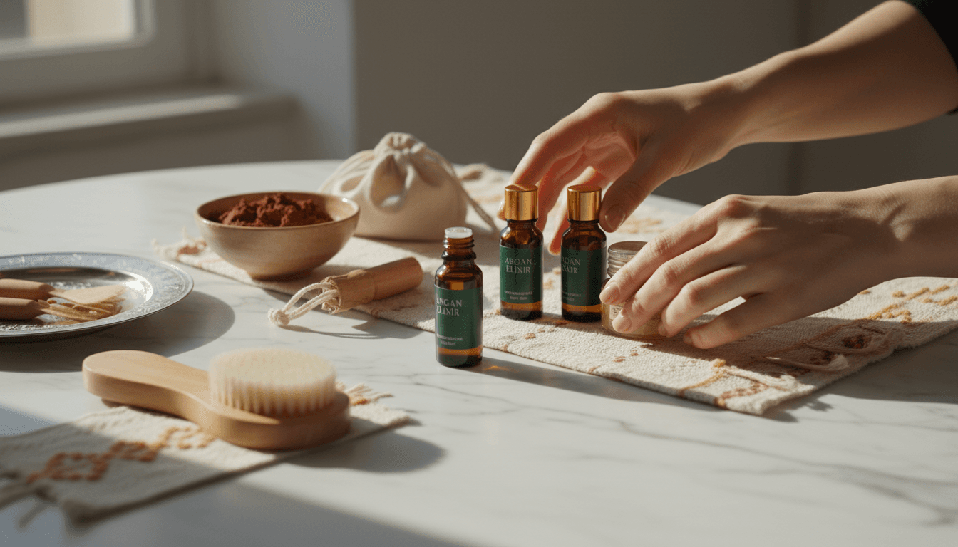 Luxury Moroccan wellness and beauty products arranged artfully