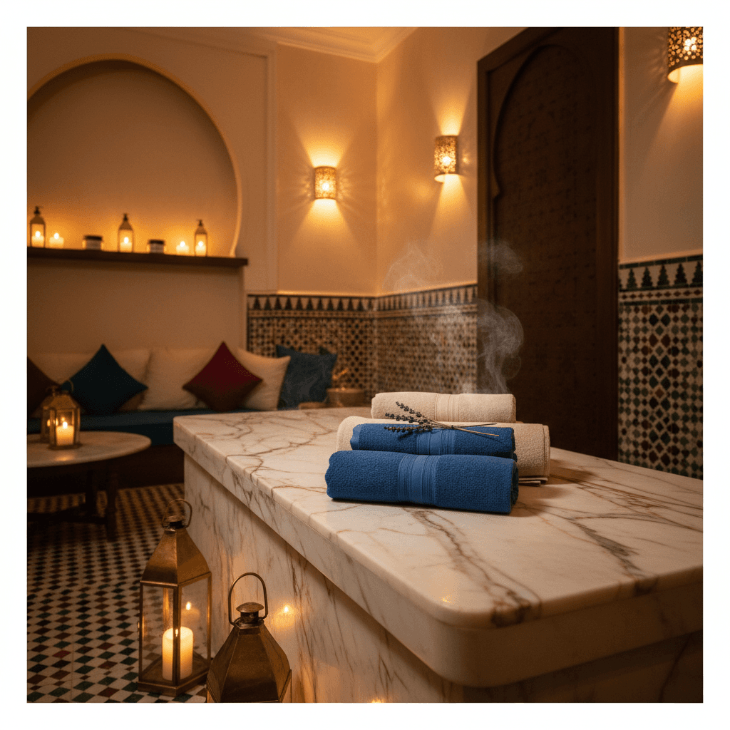 Luxurious hammam wellness treatment room with marble bench and ambient lighting
