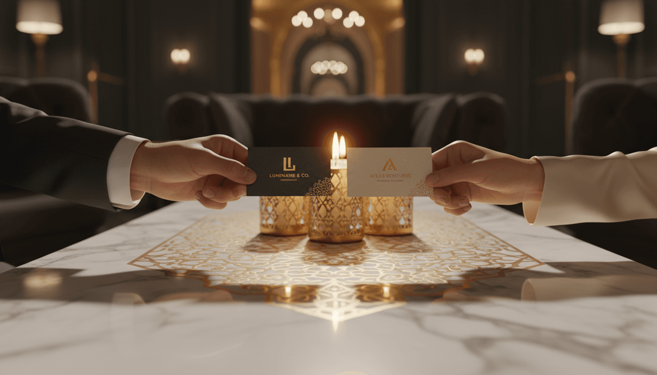 Luxury business card exchange in upscale Moroccan setting