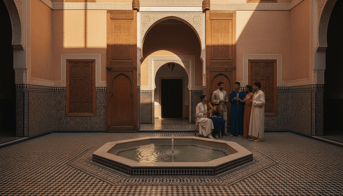 Moroccan riad courtyard with traditional architecture and luxury ambiance