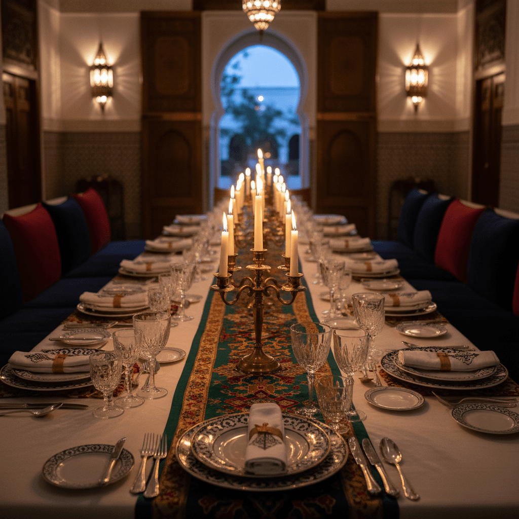 Elegant fine dining table setting with crystal glassware and Moroccan design elements