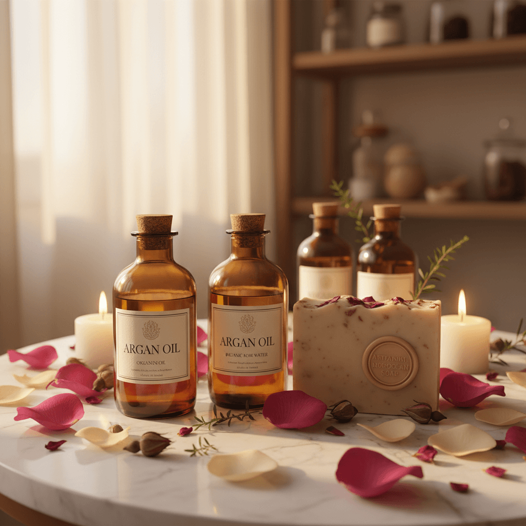 Premium Moroccan wellness products including argan oil, rose water, and artisanal soap