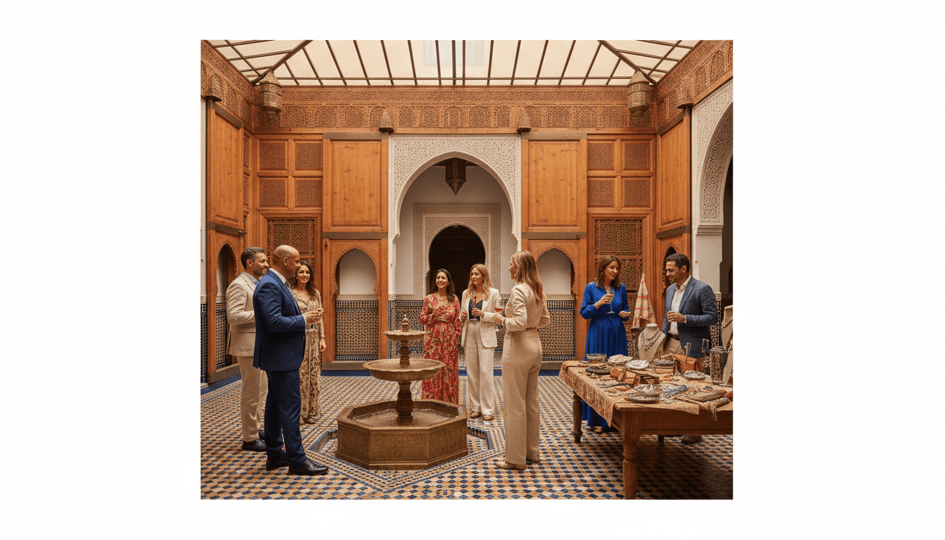 Elegant professionals networking in a luxurious Moroccan riad courtyard with traditional architecture and warm golden lighting