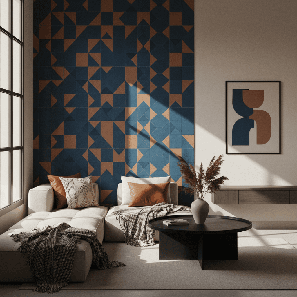 Contemporary Moroccan interior space with zellige tilework and Berber textiles