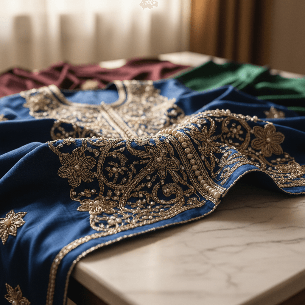 Curated luxury Moroccan artisanal products and premium lifestyle items arranged on marble