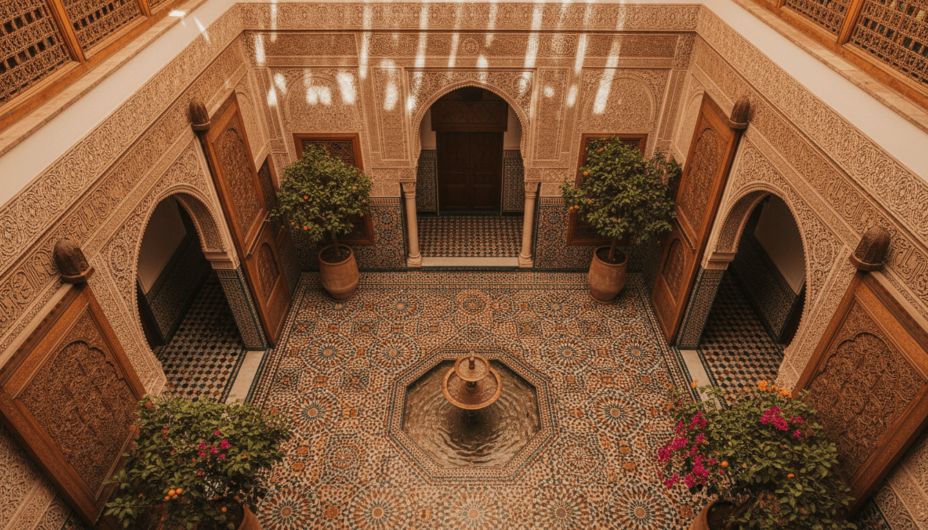 Moroccan riad courtyard with zellige tilework and fountain